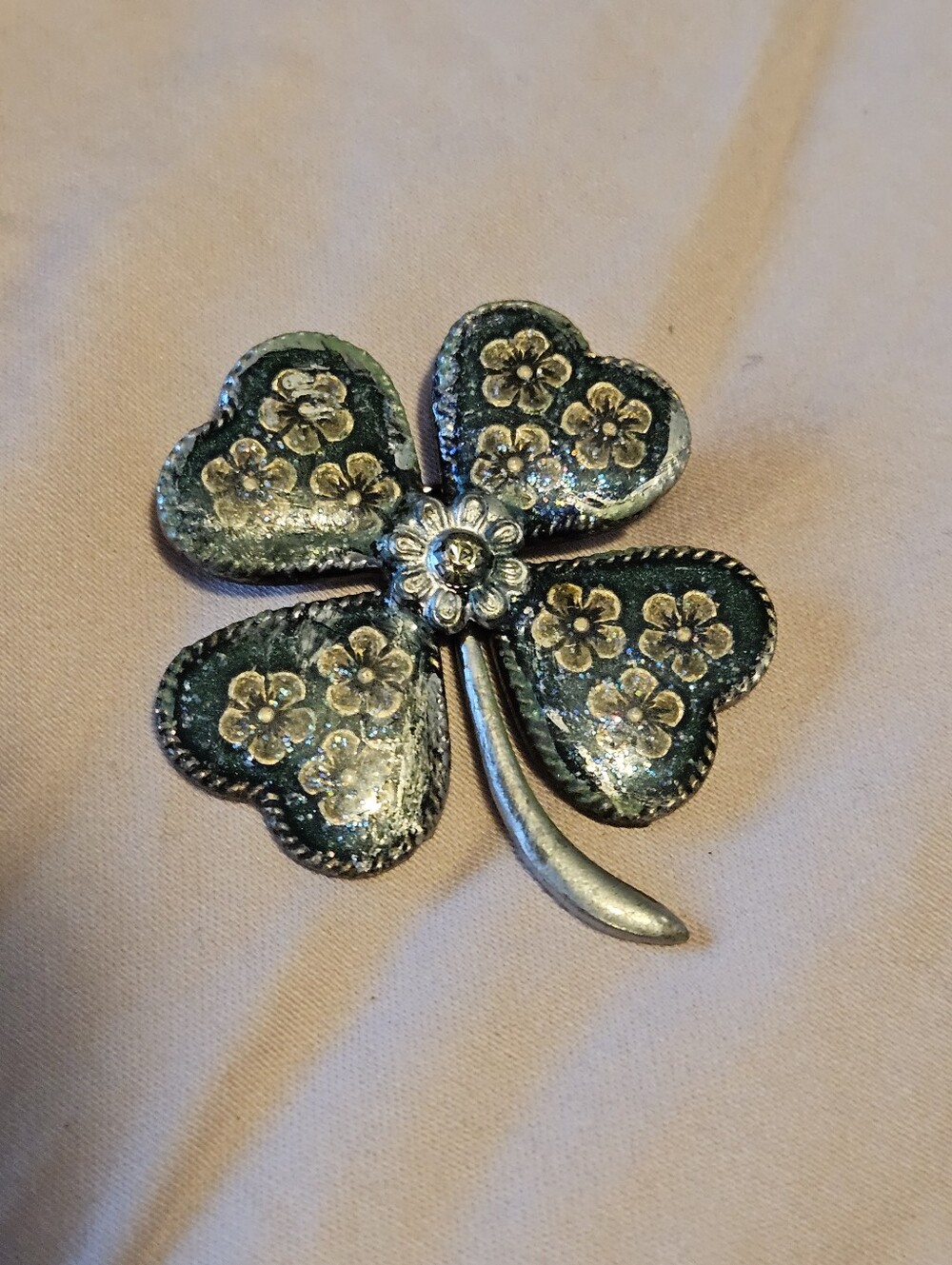 Vintage Catherine Popesco Four Leaf Clover Flowers Brooch Pin